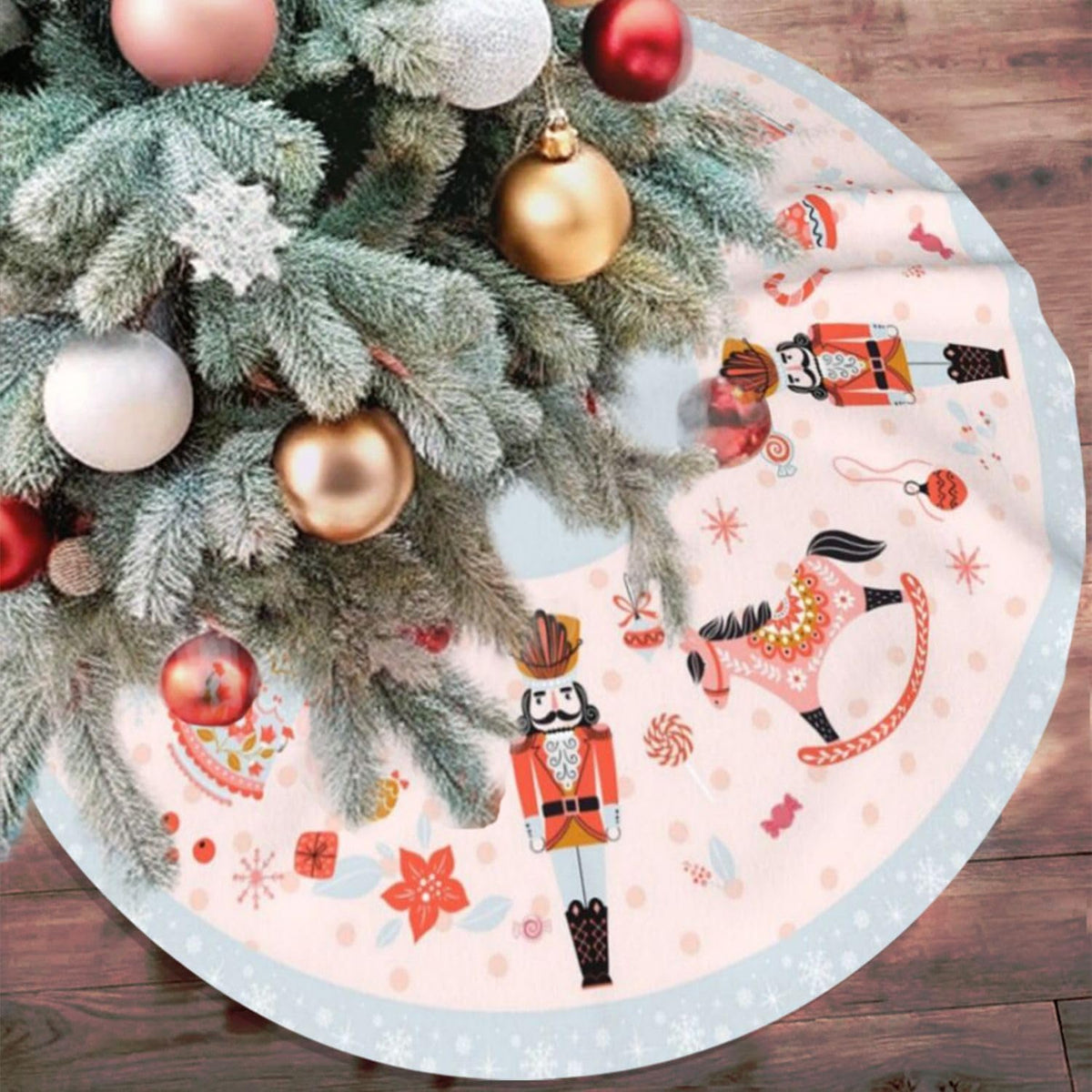 48" Large Christmas Tree Skirt, Nutcracker Candy Pattern Tree Mat Base Cover for Xmas Festive Holiday Party Decoration Ornaments