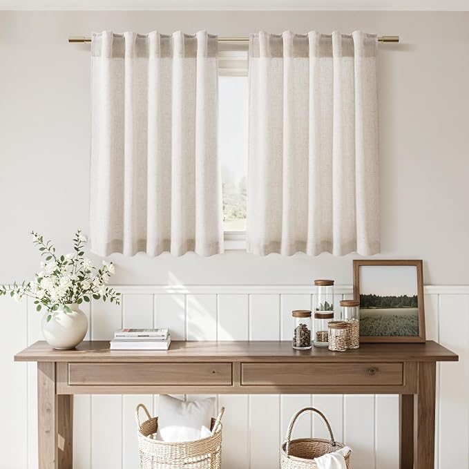 30 Inch Beige Curtains for Kitchen Linen Blend Rustic Farmhouse Short Curtain - Image 6