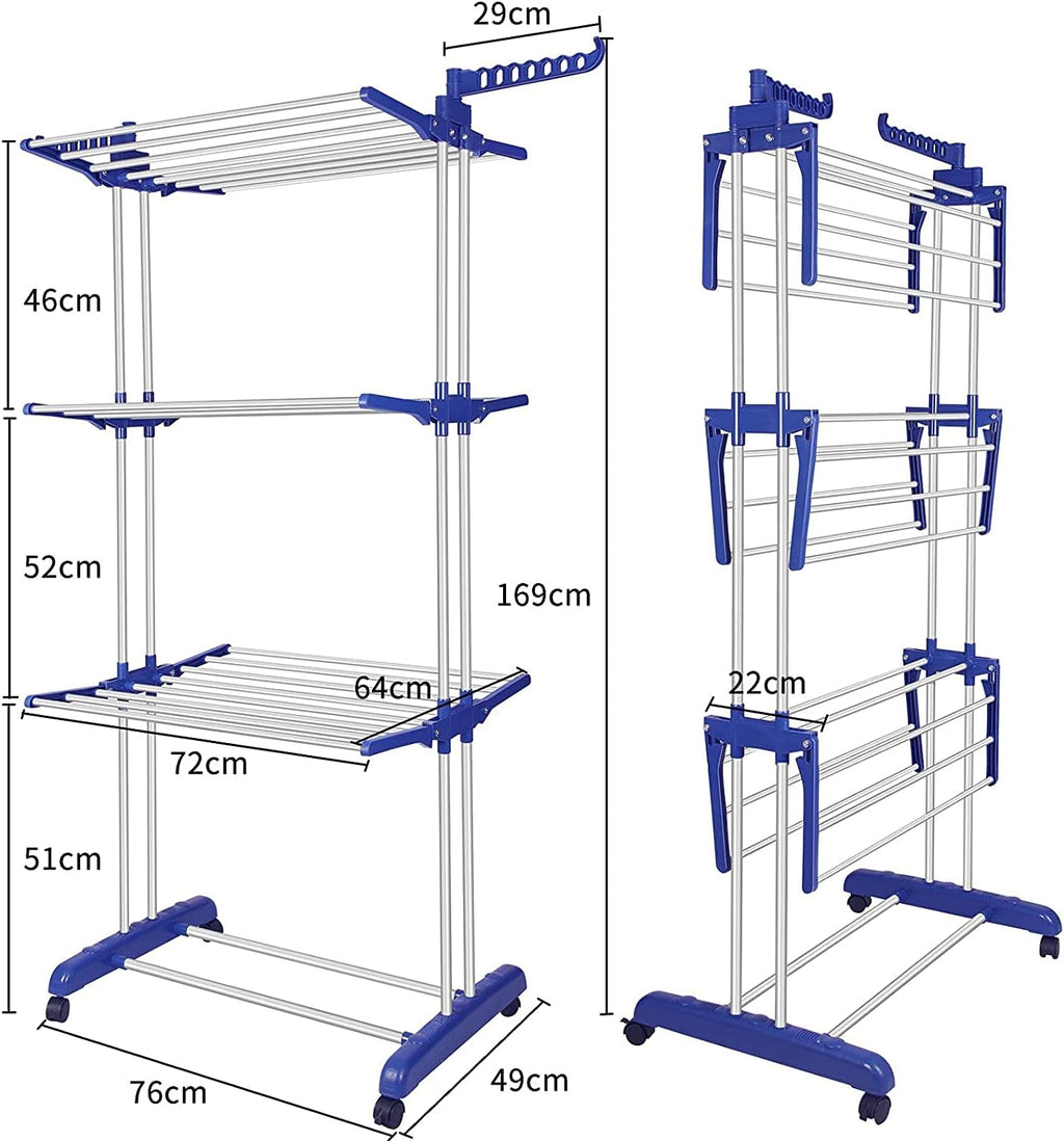 Bigzzia Clothes Drying Rack, Folding Stainless Steel Drying Rack Clothing Indoor Outdoor, Space-Saving, 4 Tier Laundry Drying Rack with Two Side Wings Grey Blue