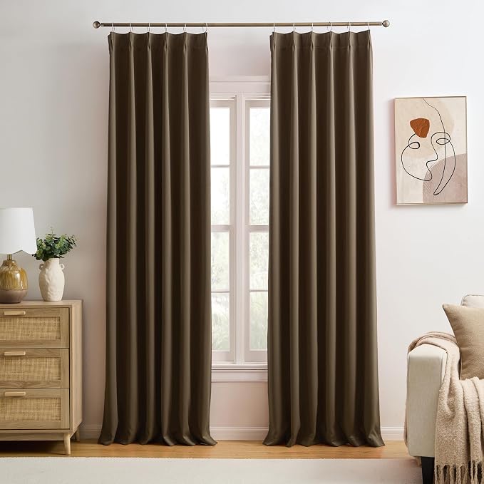 Brown Blackout Curtains 96 Inches Long, Soft Polyester Faux Silk Floor Length by KEQIAOSUOCAI