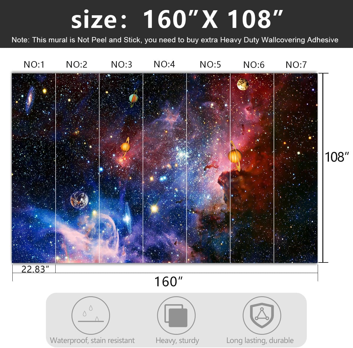 -Galaxy Universe Planet Ceiling Fabric Wallpaper Boys Girls Nursery Starry Sky Children Bedroom Bathroom Large Mural- 160"x108"（ not Peel and Stick）
