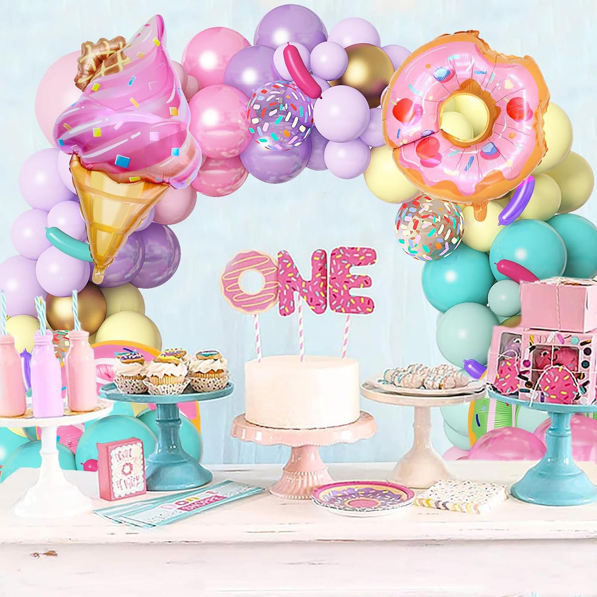 Amandir 139pcs Pastel Donut Balloon Arch Garland Kit Sweet One Ice Cream Birthday Party Decorations Sprinkles Confetti Pastel Balloons for Donut Grow Up Girl Baby Shower Spring Party Supplies