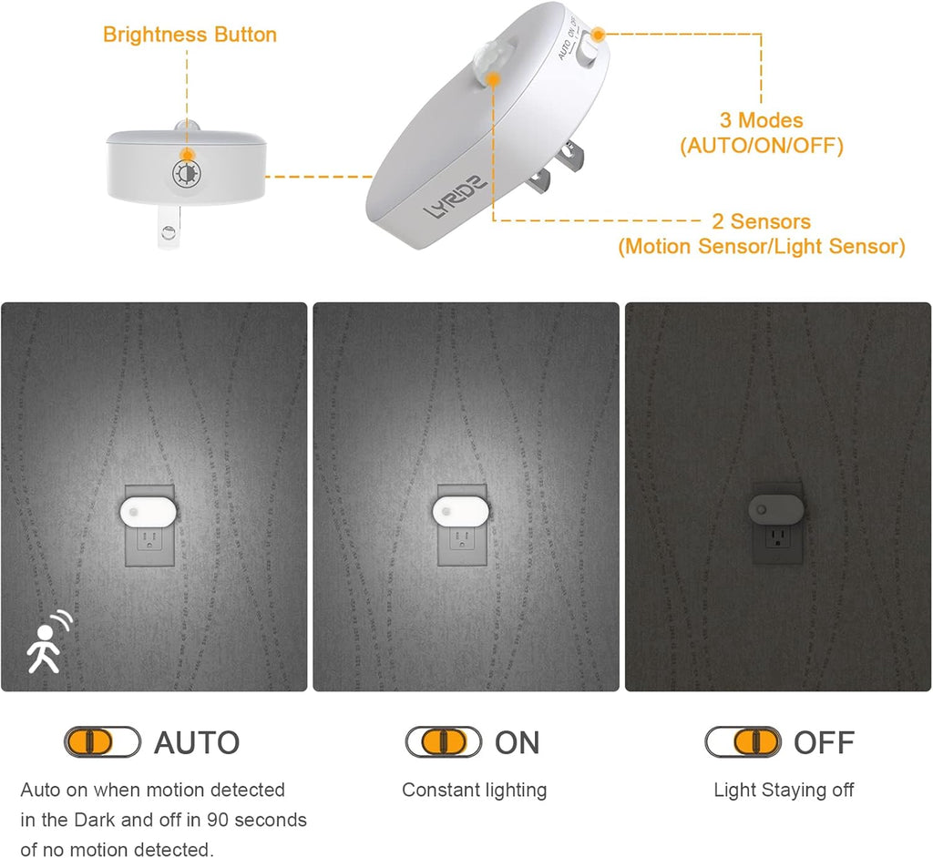 Lyridz Plug in Night Light with Motion Sensor, Smart Cool White LED Nightlights with 1-120LM Stepless Adjustable Brightness for Bathroom, Bedroom, Kitchen, Stairs, Hallway, 6 Pack