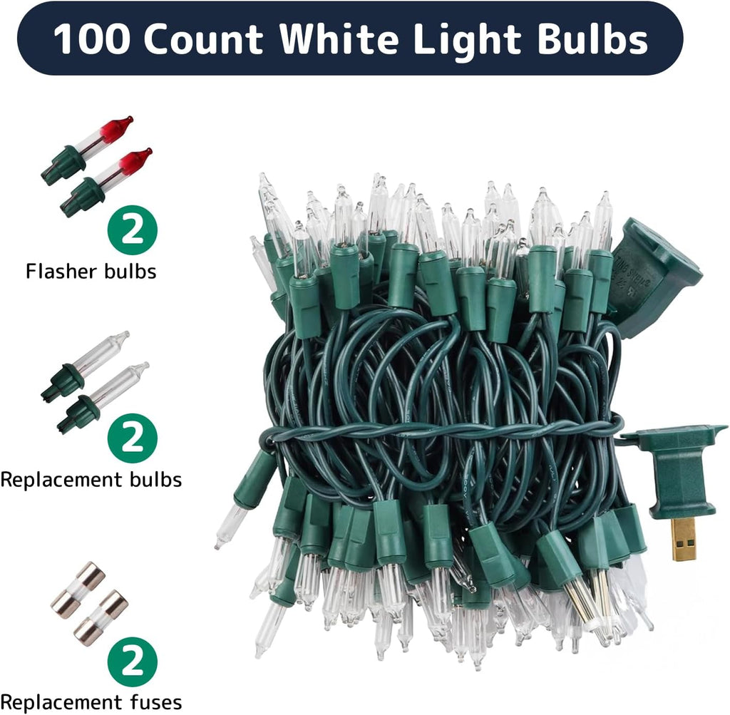 PREXTEX 100 Count Clear Christmas Lights - 20 ft Ultra Bright String Lights with Green Wire for Indoor and Outdoor Use, Christmas Trees, Holidays, Patios and Garden