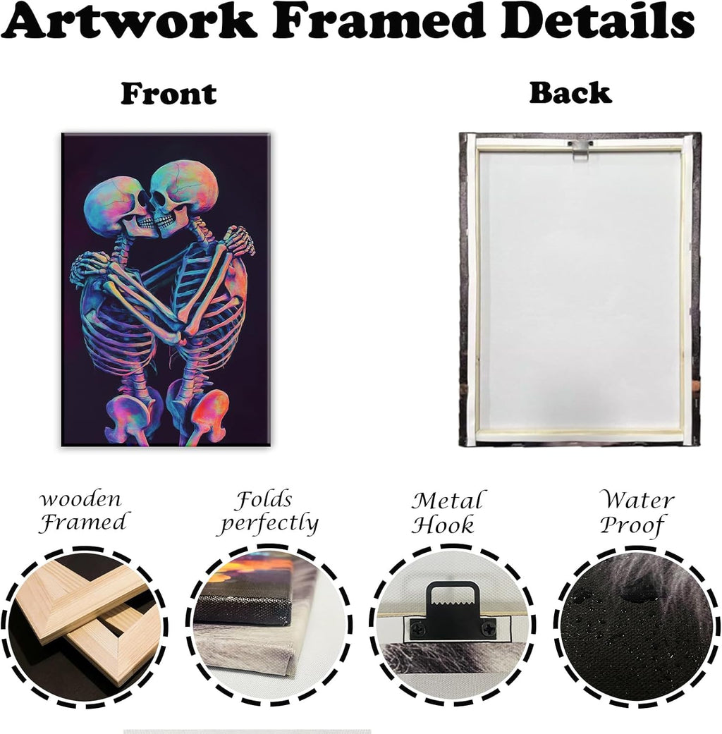 Skeleton Wall Art Kissing Skull Art Poster Skeleton Lover Picture Print On Canvas Abstract Horrible Theme Painting Framed Artwork Living Room Decor(Artwork-3,24"x36")