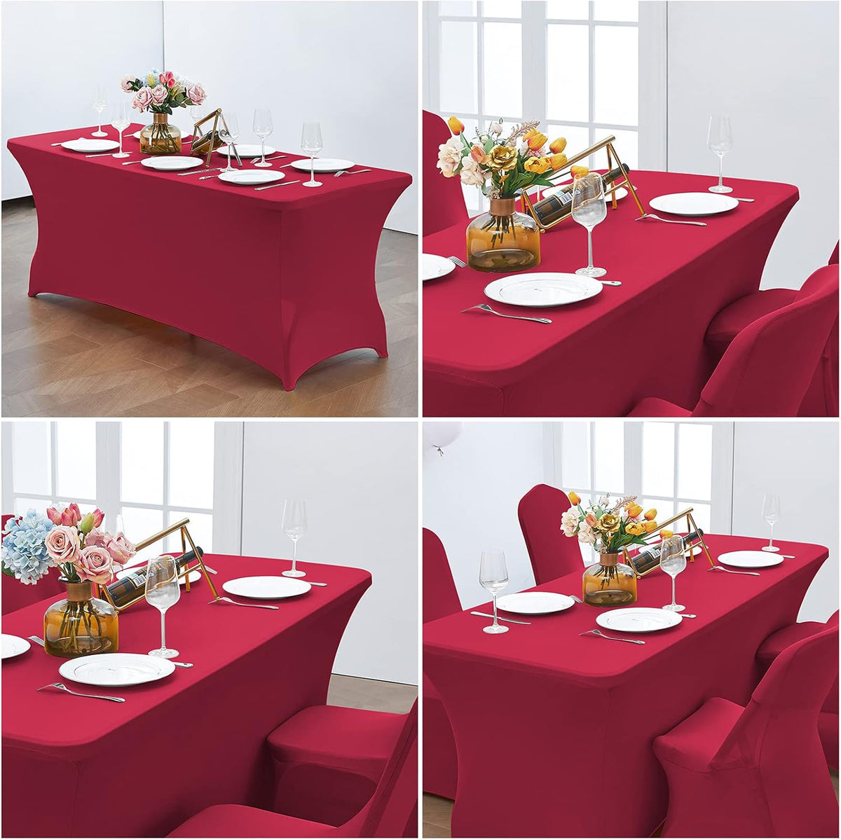 CWK 8FT Waterproof Stretch Spandex Table Cover for Rectangular Tables - Elastic Fitted Tablecloth for Folding Tables,Wrinkle Resistant Table Cloth for Parties, Weddings, Banquets & Events(Apple Red)