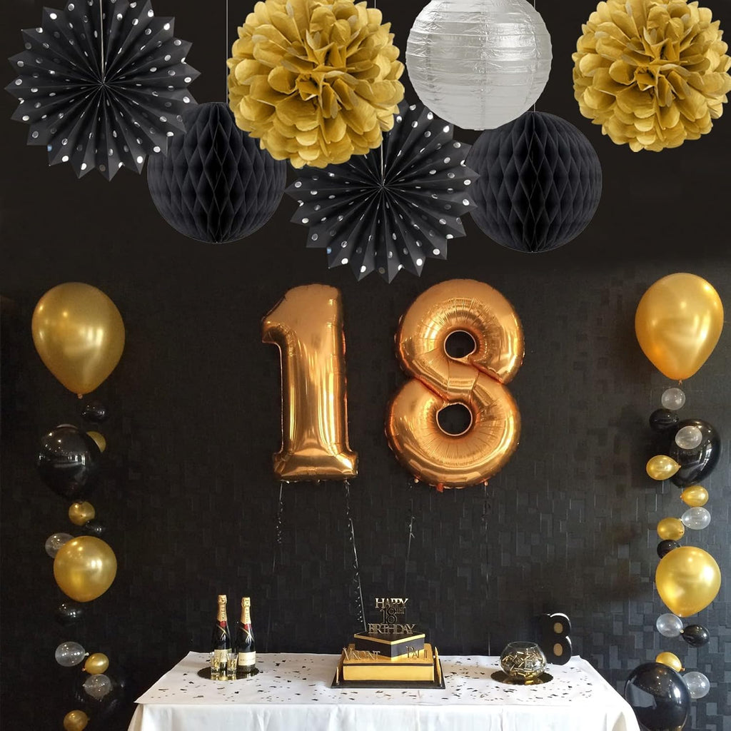 Black Gold Silver Party-Decorations Streamers-Lanterns - 14pcs Graduation 2025 Paper Fan,Tissue Flower Pom Poms Streamers,Honeycomb Balls,Men Birthday Wedding Baby Bridal Shower Decor Ouruola