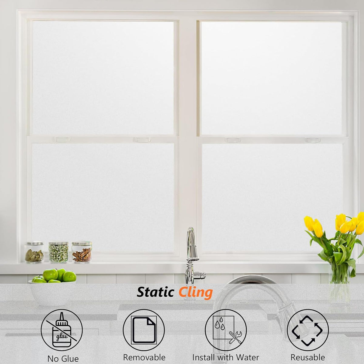 Kromapolis Window Privacy Film Frosted Glass Window Film, Heat Blocking Privacy Film for Glass Windows, Static Cling Non-Adhesive Frosting Window Stickers for Door Home (Frosted, 11.8 x 78.7 inch)