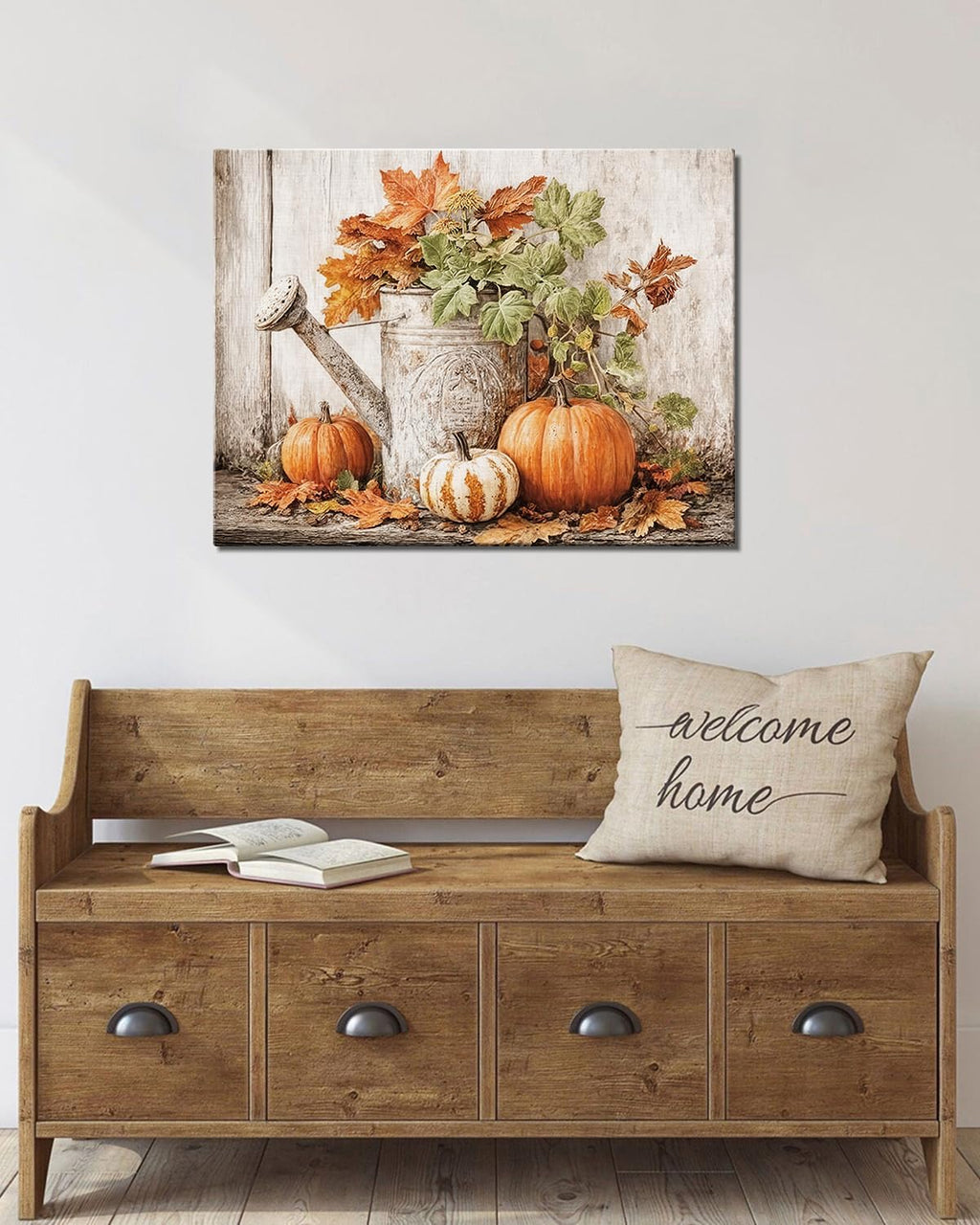 Autumn Pumpkin and Watering Can Canvas Wall Art, Rustic Fall Leaves Print Farmhouse Picture for Thanksgiving Decorations, Fall Wall Art Decor Ready to Hang
