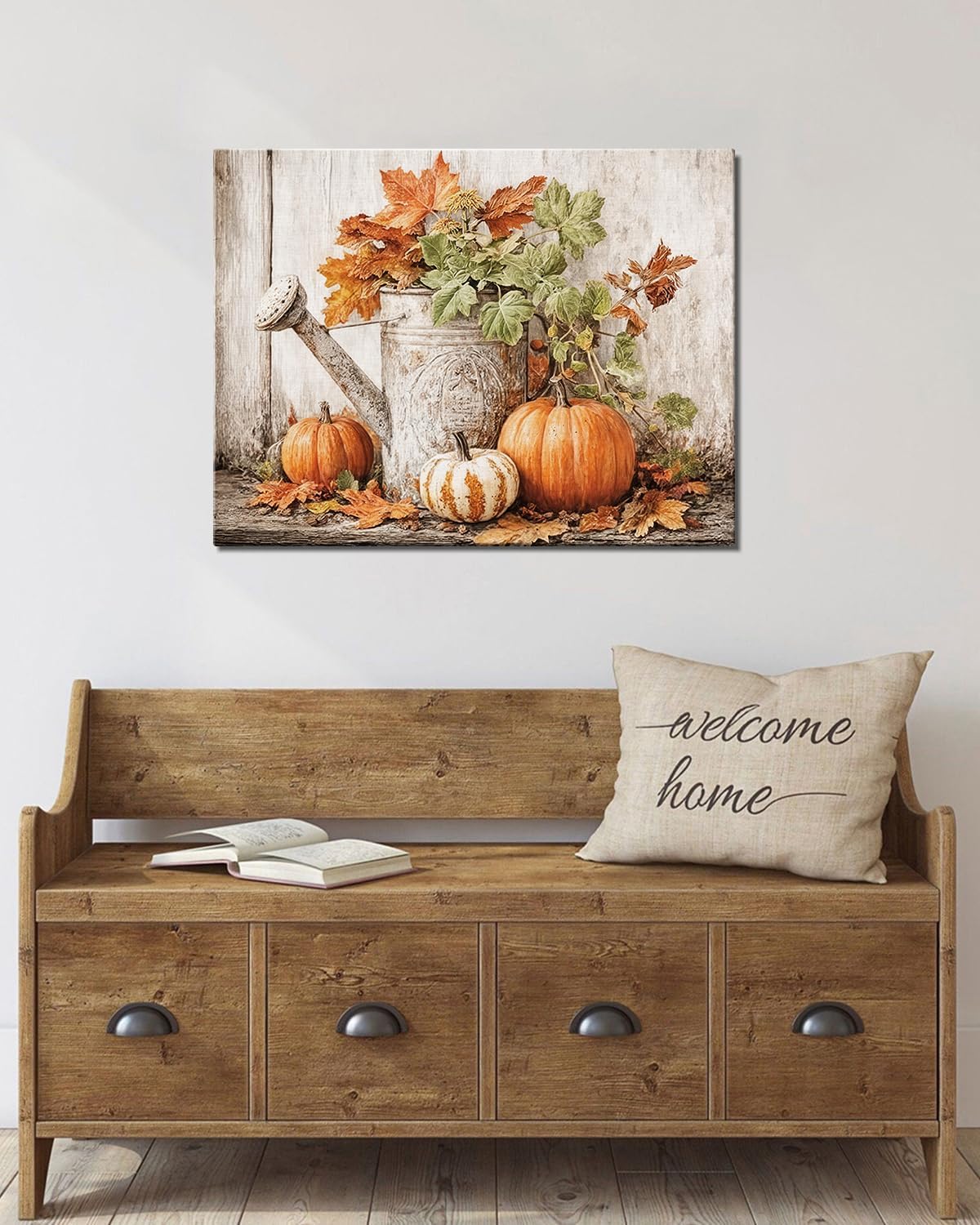Autumn Pumpkin and Watering Can Canvas Wall Art, Rustic Fall Leaves Print Farmhouse Picture for Thanksgiving Decorations, Fall Wall Art Decor Ready to Hang