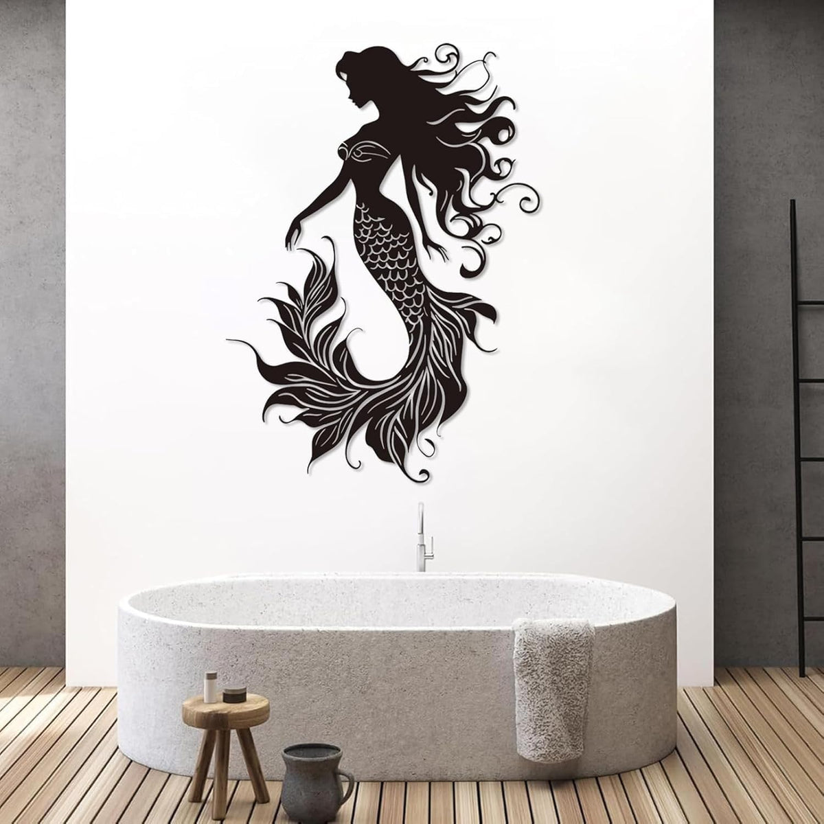 Veplsur Mermaid Metal Wall Art, Metal Mermaid Wall Decor, Marine Biology Wall Decor, Ocean Wall Art, Nautical Wall Hanging, Beach Hanging for Bathroom Bedroom (Silver, 24"x17"|60x43cm)