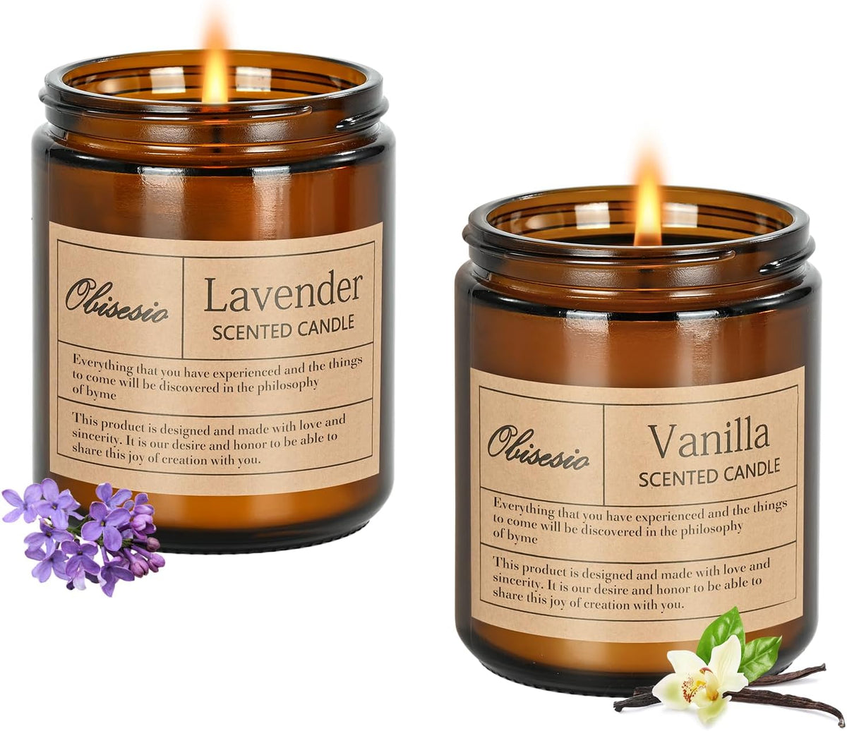 Candles 2 Pack, Candles for Home Scented, Aromatherapy Candle Gift Set for Women Soy Wax Long Lasting Amber Jar Candles for Birthday Housewarming Mother's Valentine Day(Vanilla & Lavender)