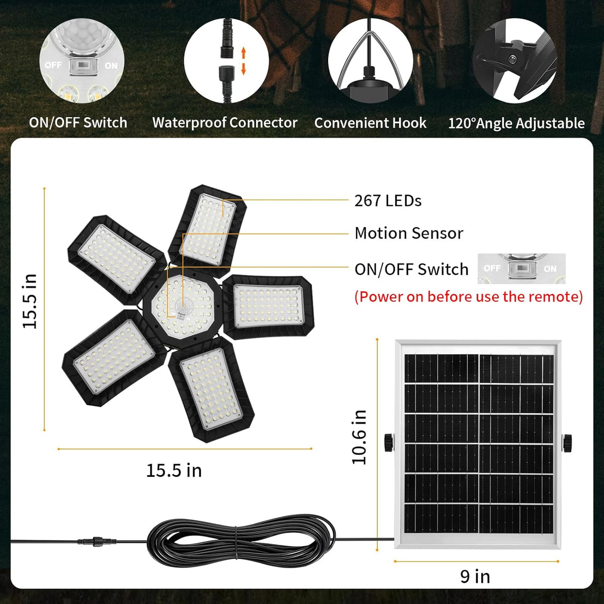 Solar Shed Light Indoor Outdoor, Upgrade Large 267LED Solar Powered Motion Sensor Pendant Light Works Day & Night, Solar Indoor Light with 2 Lighting Modes + Timer & Remote for Shed Gazebo Garage Barn