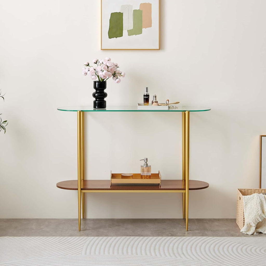 Oval Glass Console Table for Living Room, Foyer & Entrance, 2-Tiers Mid-Century Modern Sofa Table with Clear Glass Top, Walnut Finish Wood Shelf and Gold Finish Frame