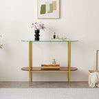 Oval Glass Console Table for Living Room, Foyer & Entrance, 2-Tiers Mid-Century Modern Sofa Table with Clear Glass Top, Walnut Finish Wood Shelf and Gold Finish Frame