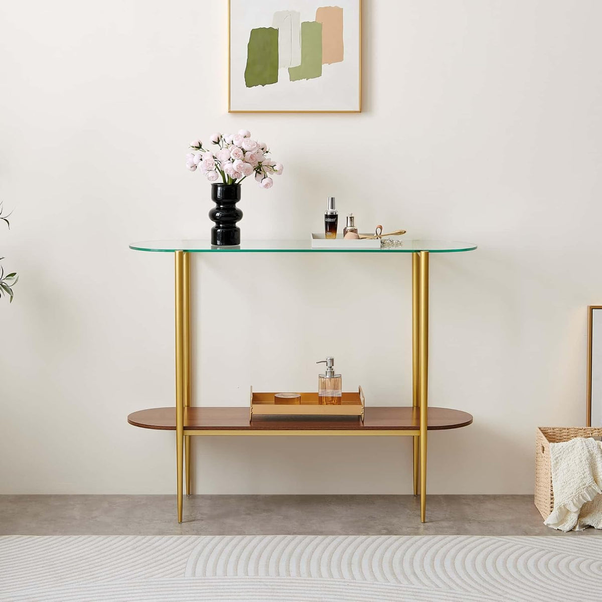 Oval Glass Console Table for Living Room, Foyer & Entrance, 2-Tiers Mid-Century Modern Sofa Table with Clear Glass Top, Walnut Finish Wood Shelf and Gold Finish Frame