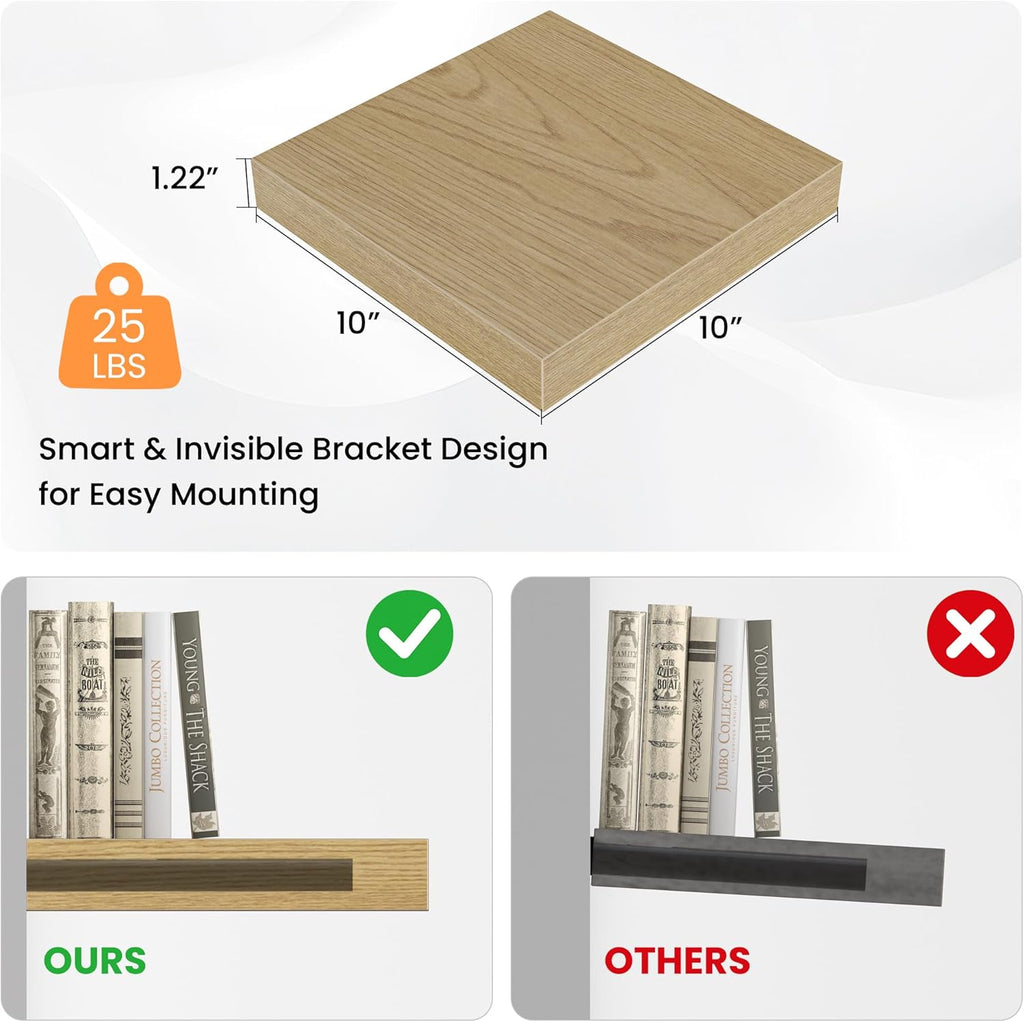 Square Floating Shelves for Wall, 10" W x 10" D x 1.2" H, Small Wooden Wall Mounted Display Shelves with Invisible Brackets for Living Room, Bedroom, Bathroom, Kitchen Decor, Set of 4, Oak