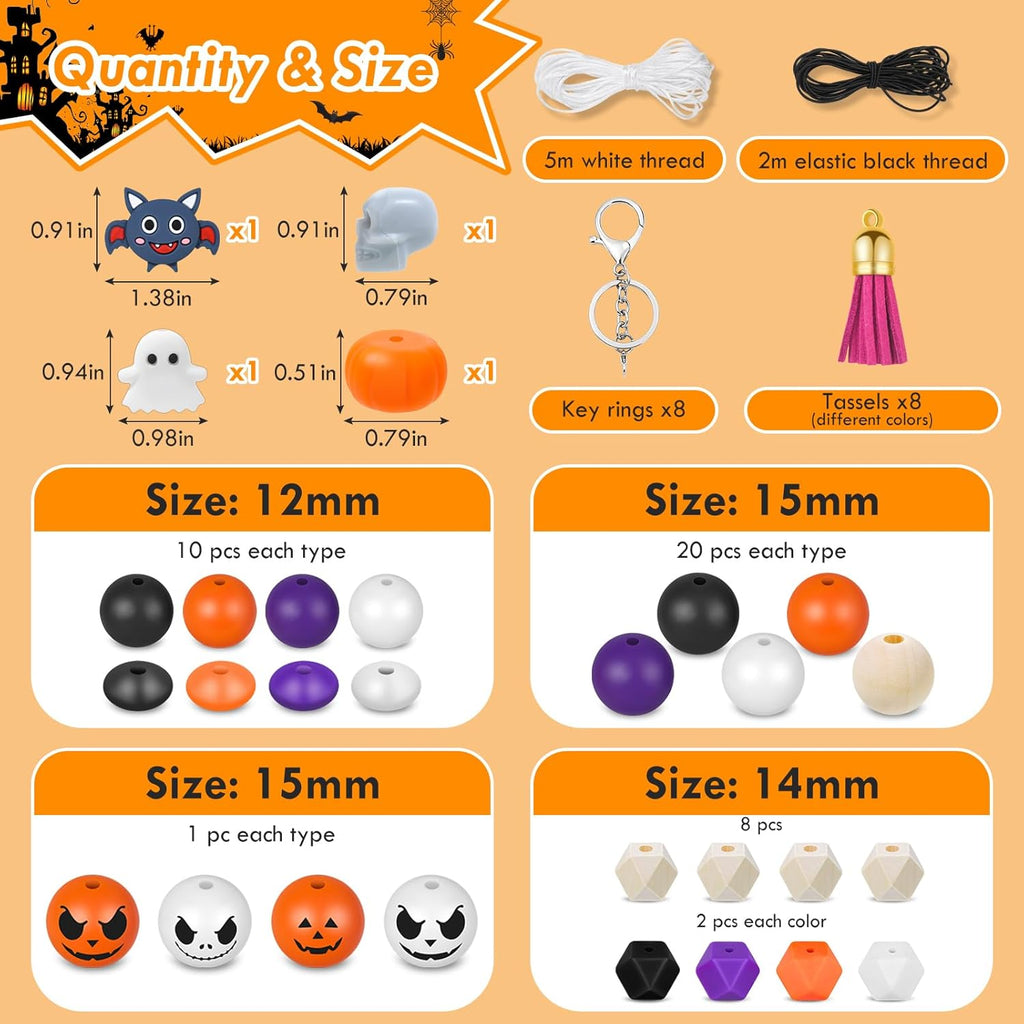 221PCS Halloween Silicone Beads for Keychain Making, Silicone Focal Bead Bulk with 15mm 14mm Loose Bead, 14mm Hexagonal Rubber Bead, Wooden Bead, Silicone Abacus Bead for DIY Necklace Bracelet Lanyard