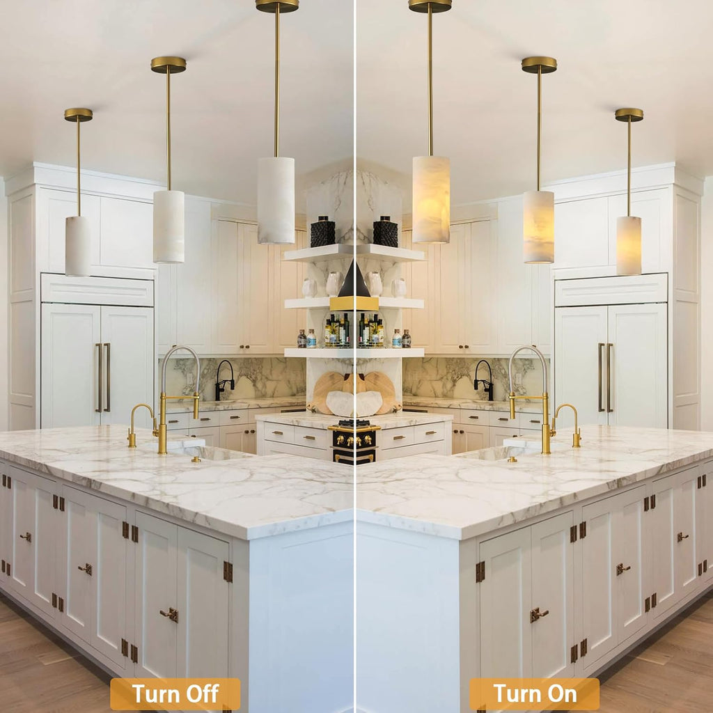 Alabaster Pendant Light Kitchen Island, H-9.5in Brass Pendant Light Fixtures with Natural Marble Shade, Adjustable Ceiling Pendant for Dining Room, Living Room, Bedroom & Bathroom