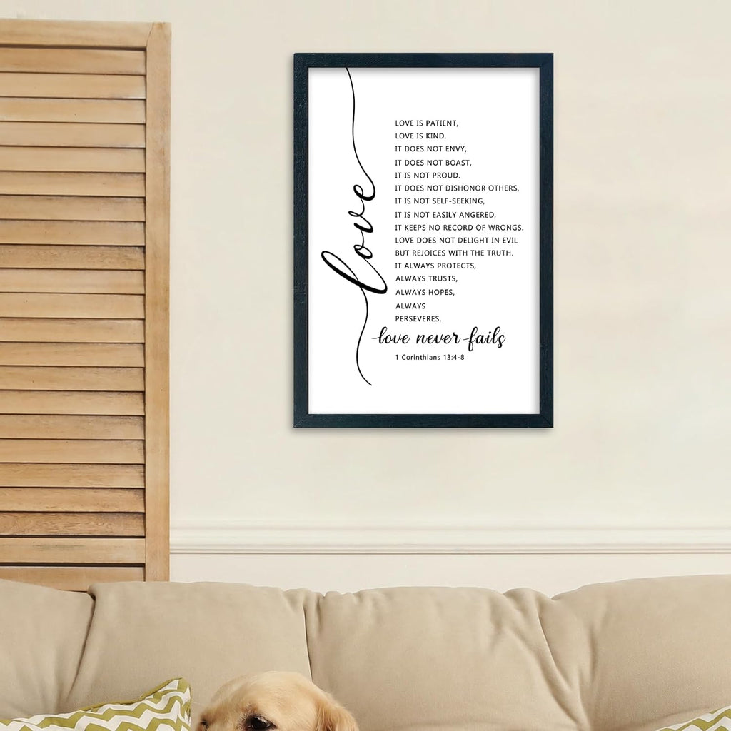 LuZhiQiang Love Is Patient Kind Wall Art 16"×11" Love Never Fails Sign 1 Corinthians 13 Bible Verse Wood Framed Wall Hanging Decor (Black)