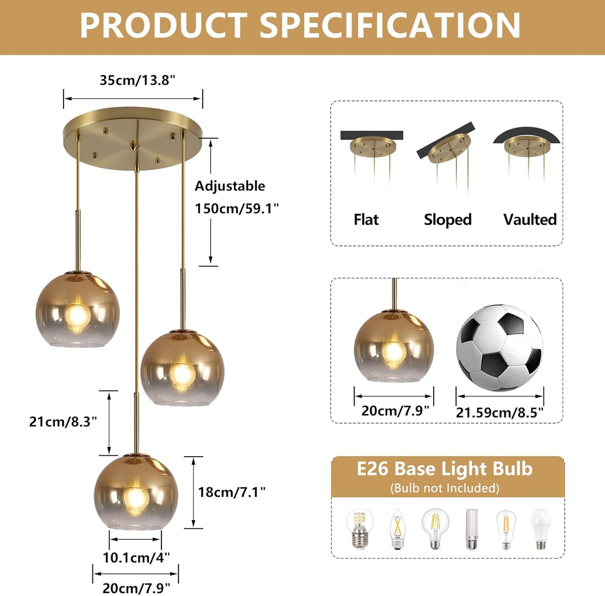 KCO Lighting 3 Light Globe Cluster Pendant Light Modern Glass Cluster Chandelier Gold Glass Pendant Light Fixture Mid Century Dining Room Chandelier Multi Pendant Light Fixture