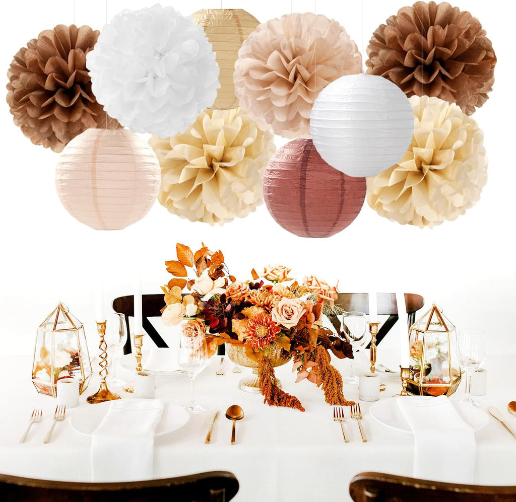 Boho Rustic Wedding Party-Decorations Paper Flowers Lanterns - 15PCS Fall Baby Shower Gender Neutral Streamers,Brown Champagne White Tissue Pom Poms,Autumn Birthday Bridal Decor Hugfond