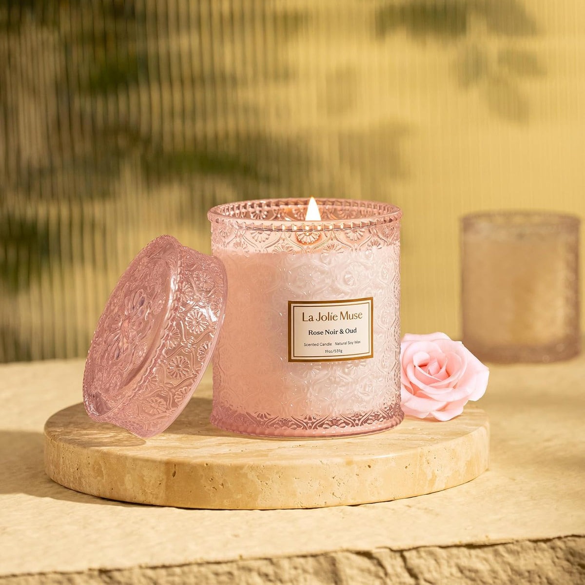 LA JOLIE MUSE Rose Noir & Oud Scented Candle – Lemon, Rose & Oud |19 oz Large Wooden Wick Candle | Natural Soy Wax | 90 Hours Clean Burn | Gift-Ready for Hosts & Gatherings | Elegant Home Décor