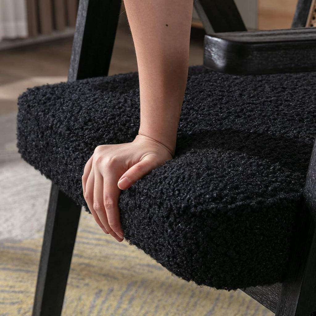 Accent Rattan Chair, Faux Fur Upholstered Living Room Chairs with Cane Back, Retro Mid Century Modern Cane Chair Armchair for Reception Reading Indoor Outdoor, Black