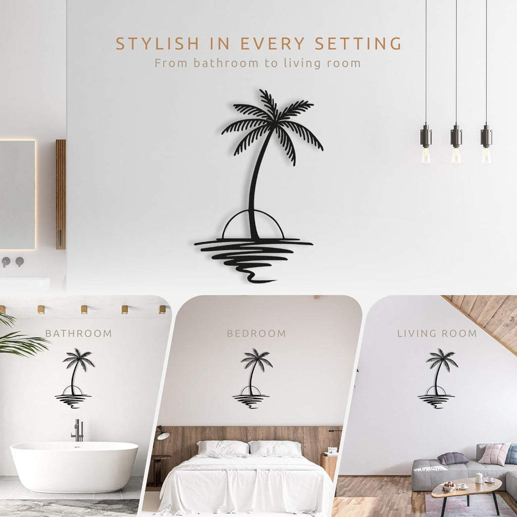 Metal Palm Tree with Sunset Wall Art, Large Outdoor Wall Decor, Tropical Beach Decor for Living Room, Bedroom, Garden Home Wall Sign, Perfect Metal Wall Art for Beach House (Black, 48 x 40 inches)