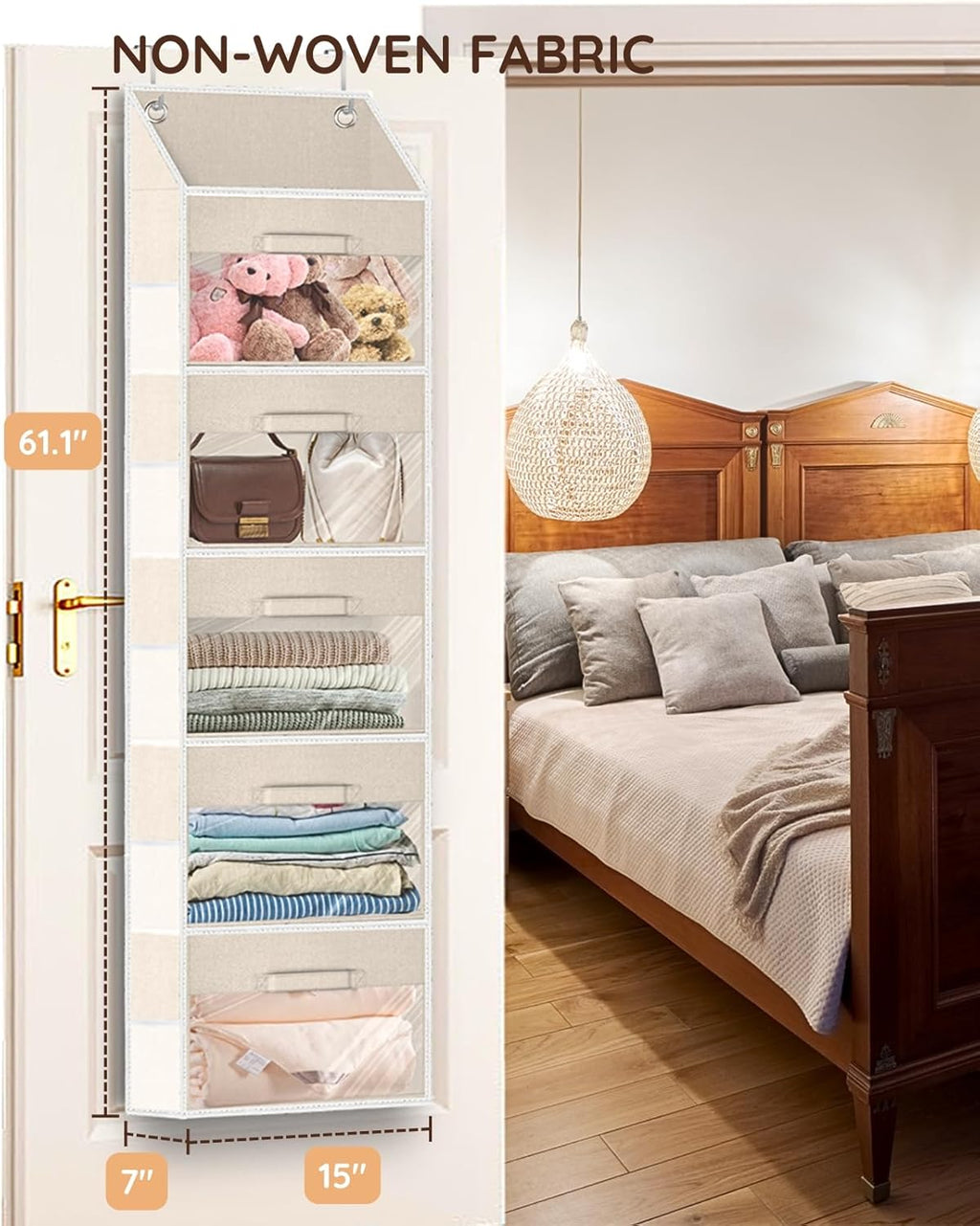 Over the Door Organizer with Drawers, 5 Tier Hanging Storage with Removable Bins & 10 Side Pockets, Over Door Closet Organizer for Baby Items, Yarn, Bed Sheets, Clothes, Toys, Towels – Beige