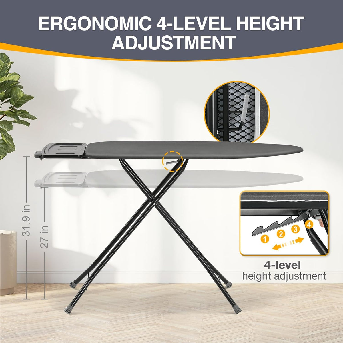 APEXCHASER Ironing Board, Full Szie Iron Board with Iron Rest,Height Adjustable,Extra Thick Heat Resistant Cover with Sleeve Board 15x45 Grey