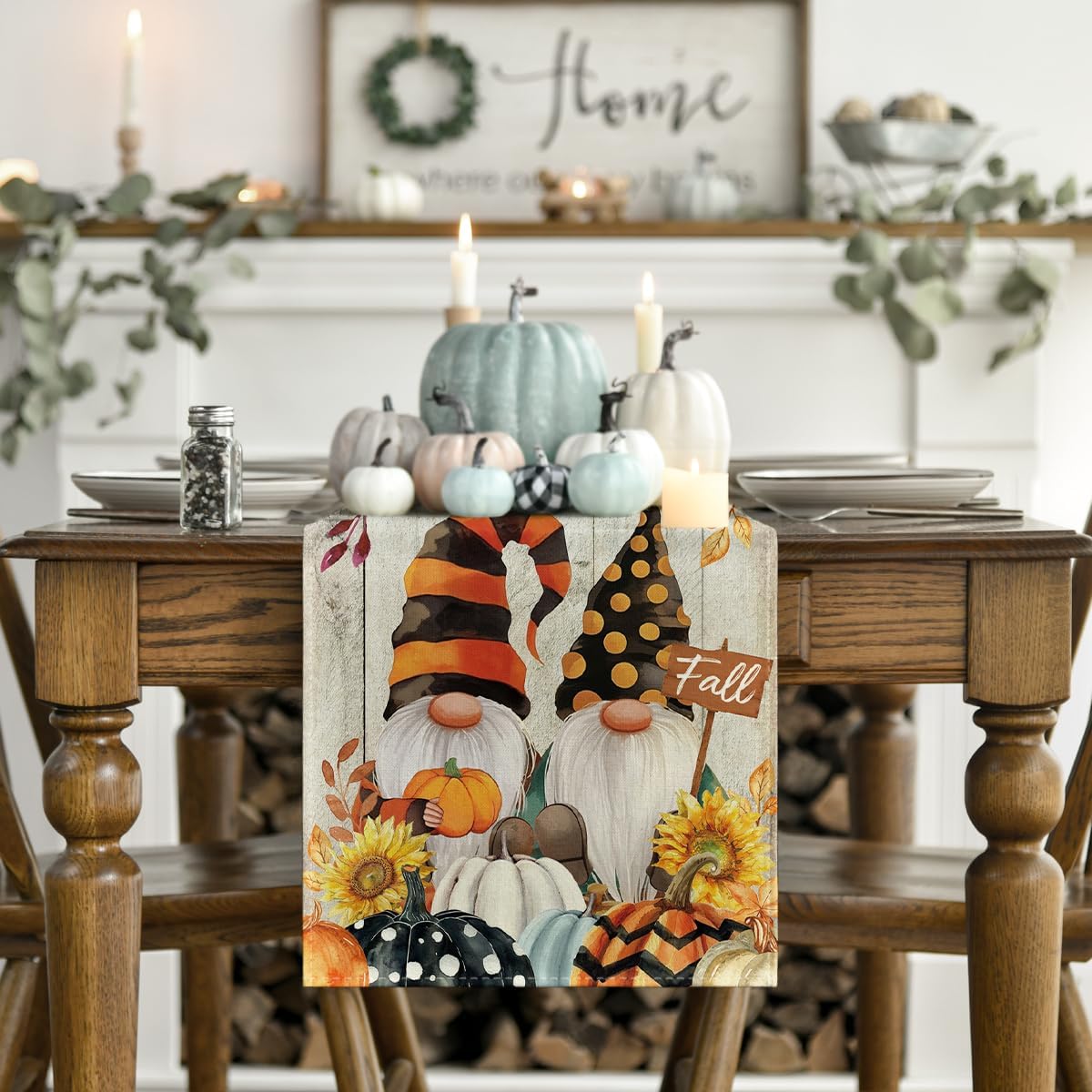Artoid Mode Wood Gnomes Pumpkins Sunflower Maple Leaves Fall Table Runner, Kitchen Dining Table Decoration for Home Party Decor 13 x 120 Inch
