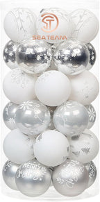 Sea Team 60mm/2.36" Delicate Contrast Color Theme Painting & Glittering Christmas Tree Pendants Decorative Hanging Christmas Baubles Balls Ornaments Set - 30 Pieces (Silver & White)