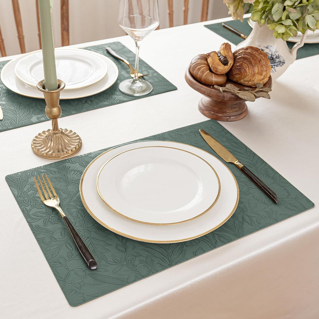 Romanstile Vinyl Placemats Set of 4-12 X 18 Inch - Heat Resistant Non-Slip Embossed Floral Place Mats 100% Waterproof Oilproof Wipeable Faux Leather Table Mats for Kitchen/Dining/Party, Green