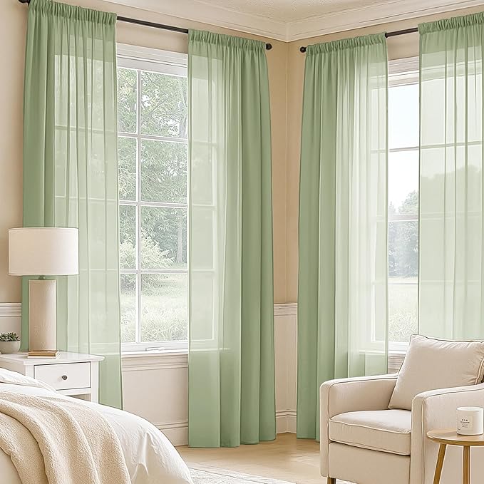 MIULEE Sage Green Sheer Curtains 90 Inches Long 4 Panels 54 x 90 Inches | Light - Image 2