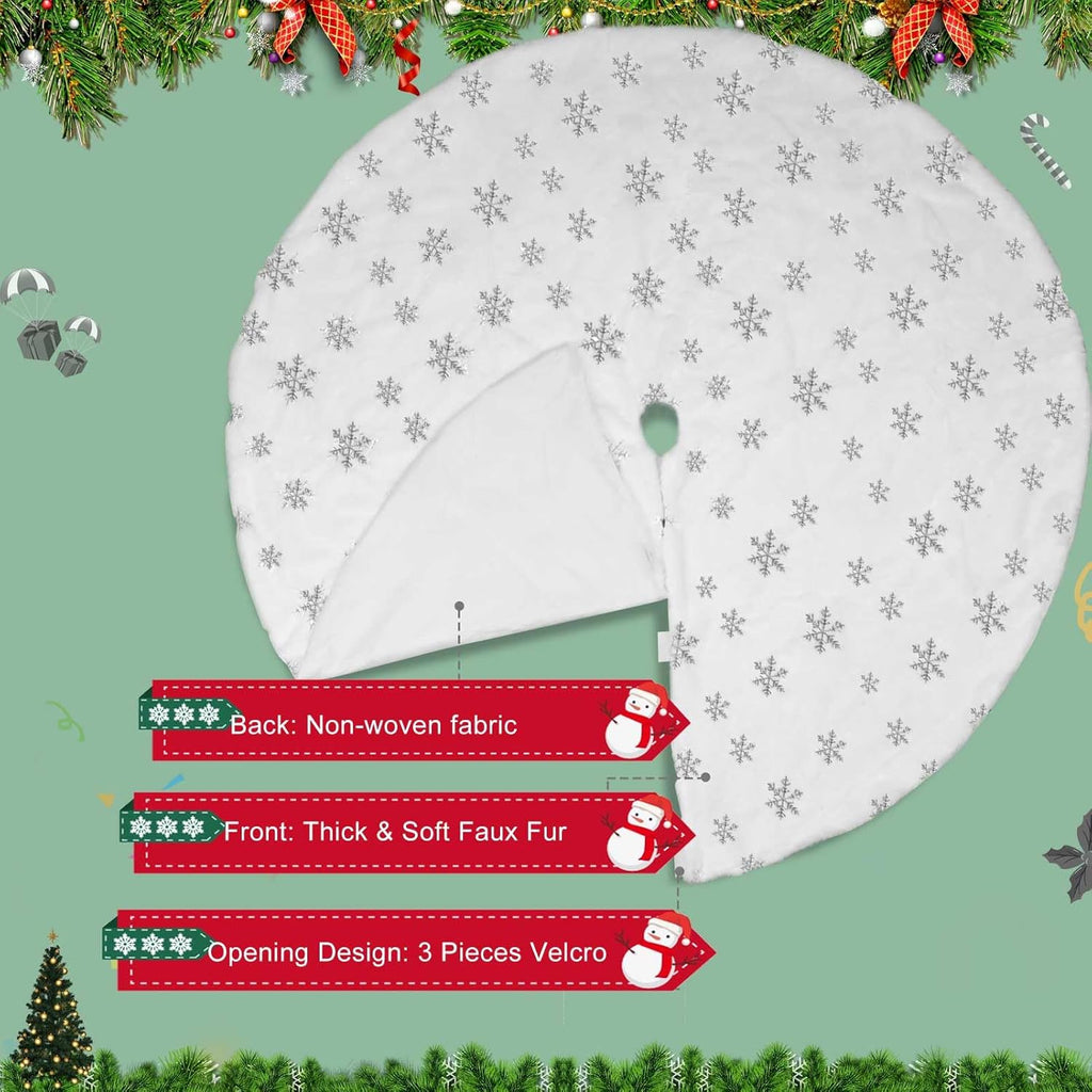 Christmas Tree Skirt, 48 Inch White Luxury Faux Fur & Silver Sequin Snowflakes, 4ft Xmas Tree Skirt for Holiday Tree Ornaments Christmas Party Home Decorations