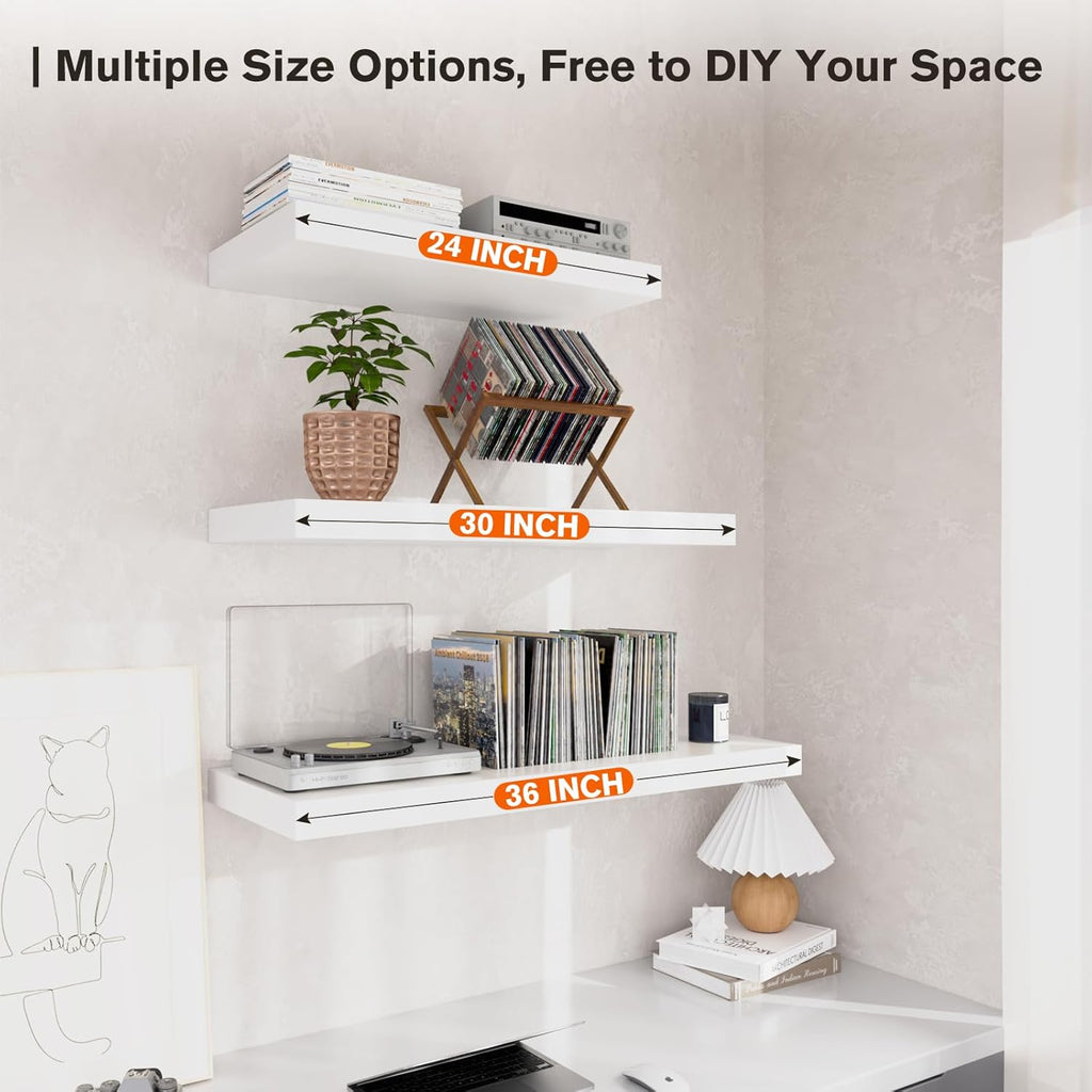 Large Floating Shelves for Wall Set of 2 Wooden Wall Shelves 24 in x 12.75 in x 2 in Room Decor Long Shelf with Invisible Wall Mount Bracket for Bedroom Kitchen Living Room White