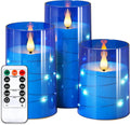 NURADA Flickering Flameless Candles: 3D Wick Built-in Star String Lights Acrylic Unbreakable Battery Operated LED Pillar Candles with Remote and Timer - 3 Pack for Wedding Valentine's Day Decor