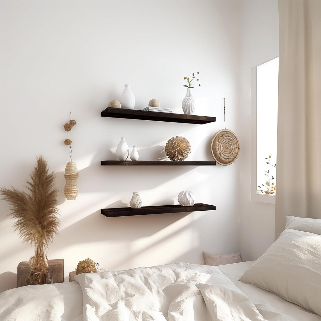 36 Inch Floating Shelves for Wall Rustic Brown Wood Wall Shelves for Bedroom Set of 4