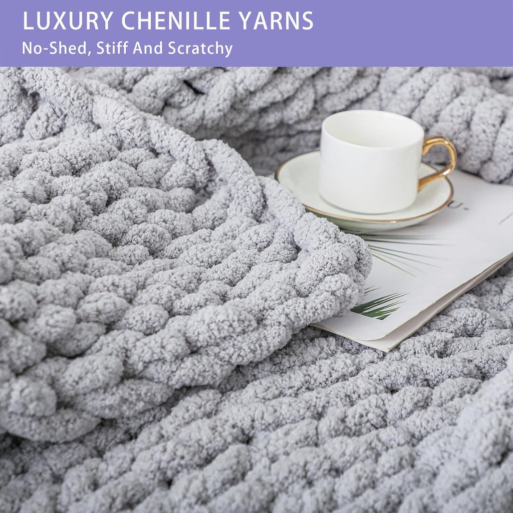 Bigacogo Chunky Knit Throw Blanket for Couch, 40x40 inches, 100% Hand Knitted with Thick Jumbo Chenille Yarn, Cozy Soft Large Rope Knot Cable Crochet Blankets for Sofa Bed Living Room, Light Grey