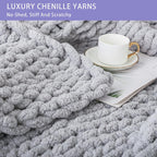 Bigacogo Chunky Knit Throw Blanket for Couch, 40x40 inches, 100% Hand Knitted with Thick Jumbo Chenille Yarn, Cozy Soft Large Rope Knot Cable Crochet Blankets for Sofa Bed Living Room, Light Grey