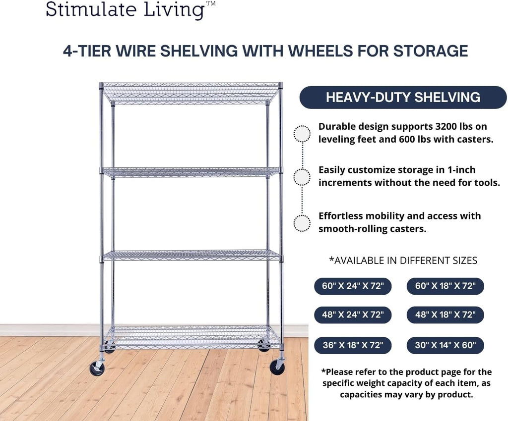 48"x24"x72" Prime Heavy Duty Chrome 4-Tier Wire Shelving NSF 3200 LBS MAX Capacity Storage Rack for Commercial, Hospital, School, Garage, and Kitchen Uses (with Wheels)