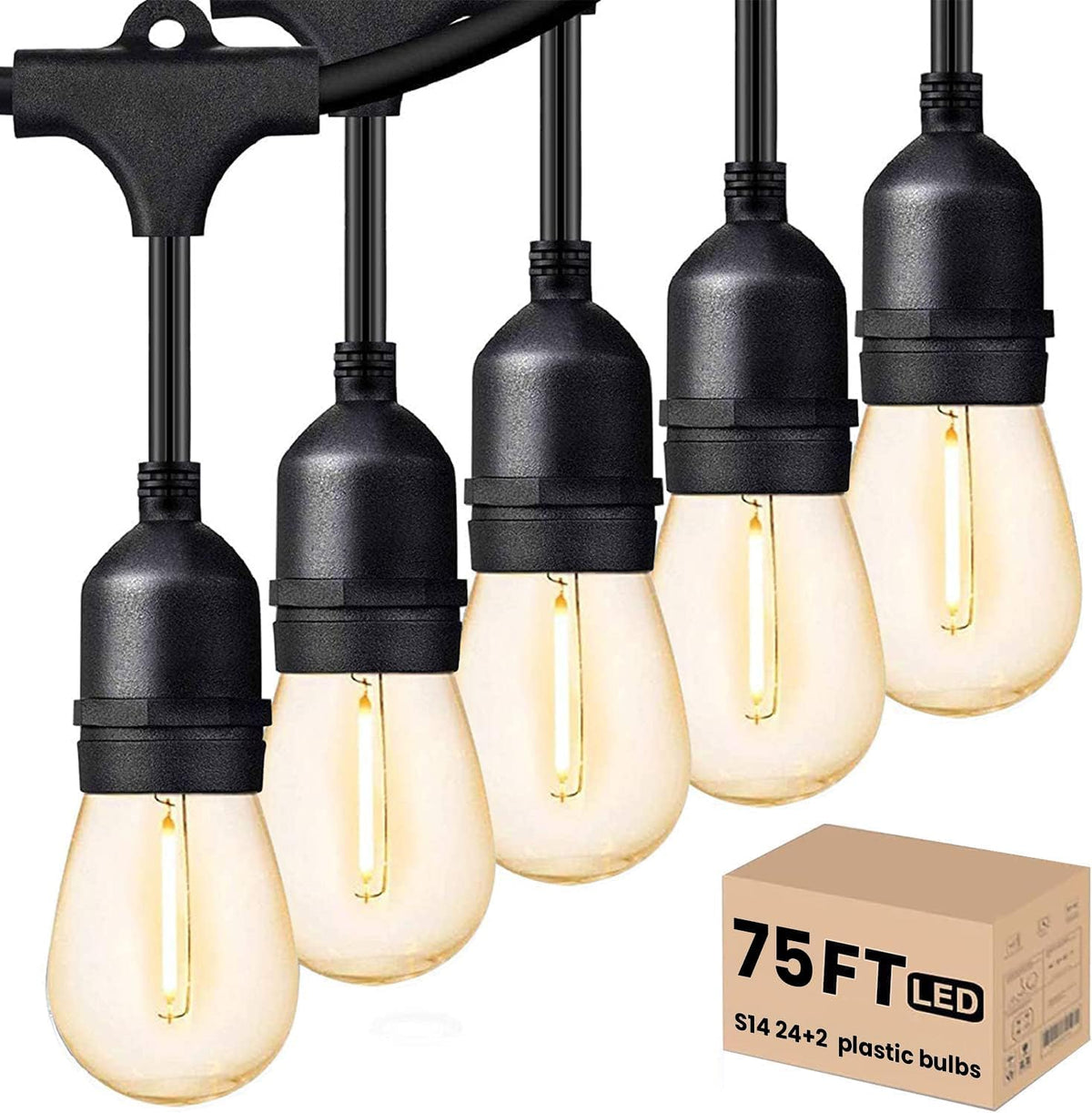 Svater Outdoor Led String Lights 75 FT, Patio Lights for Outside with 26pcs S14 Shatterproof Bulbs, IP65 Waterproof Commercial Grade Market Light, 1 Watt E26 Dimmable 2700K Warm White