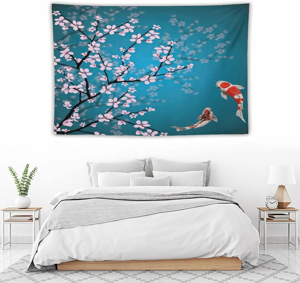 Houselerax Japanese Koi Fish Tapestry, Cherry Blossoms Asian Oriental Green Teal Flower Branch Koi Fish Carp Tapestries Wall Hanging for Bedroom Living Room Office Decor 90"x60"