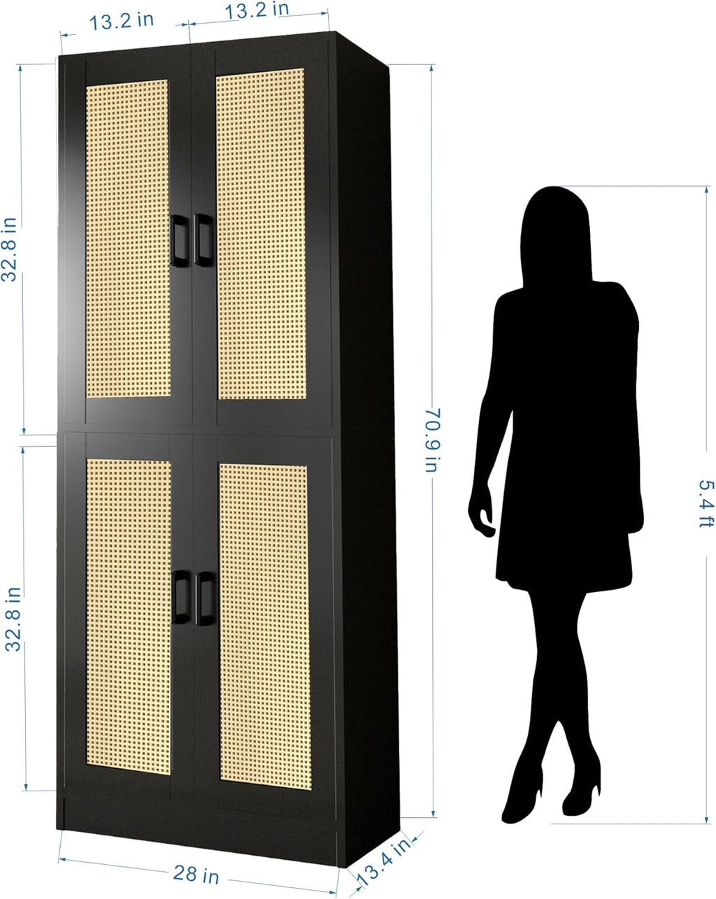Black Rattan Kitchen Pantry, 71" Tall Storage Cabinet with Doors, Boho Hutch for Dining Room