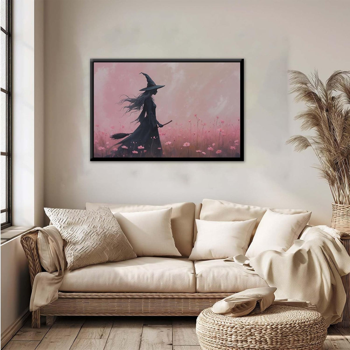 JFHCQJPK Witch in the pink sea of flowers Halloween prints weird flowers wall art silhouette painting fashionable romantic decoration suitable for bedroom8x12in Metal blackFramed