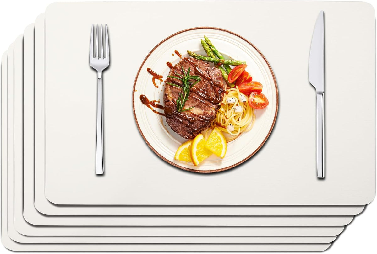 Maxpearl Faux Leather Placemats Set of 6 - Waterproof - Wipe Clean - Heat Resistant - Anti Slip Dining Table Place Mats, Suitable for Indoor & Outdoor Use, 17’’x12’’, Ivory White