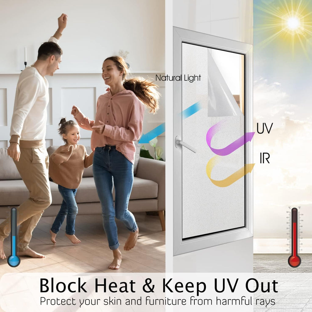 HIDBEA Frosted Window Privacy Film Heat Control UV Blocking, Static Cling Non-Adhesive Reusable Door coverings for Bathroom Home Office (Frosted 17.7 Inch x 8.2 Feet)