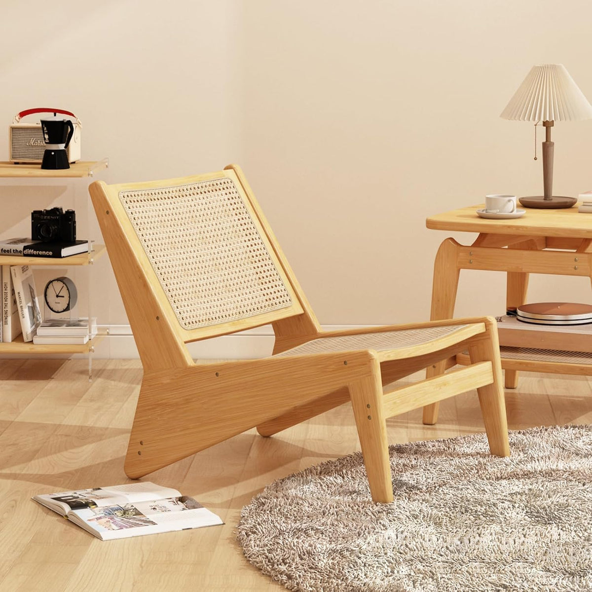 Rattan Chair 2Pcs, Mid Century Modern Accent Chair, Leisurely Reading Chair for Living Room（Wood）
