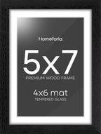 Homeforia 5x7 Picture Frame Black Wood, High End Oak 5by7 Black Wooden Frames with Mat 4x6 Print, 5 x 7 Frame Matted to 4 x 6 inch Photo, 7x5 Wall or Tabletop Frame, Tempered Glass, Wall Kit, Set of 1